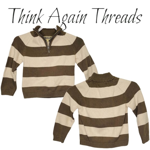 Newton Trading Co. Girls 1/4 Zip Striped Sweater 100% Cotton Brown Cream Size 7 - Picture 1 of 7